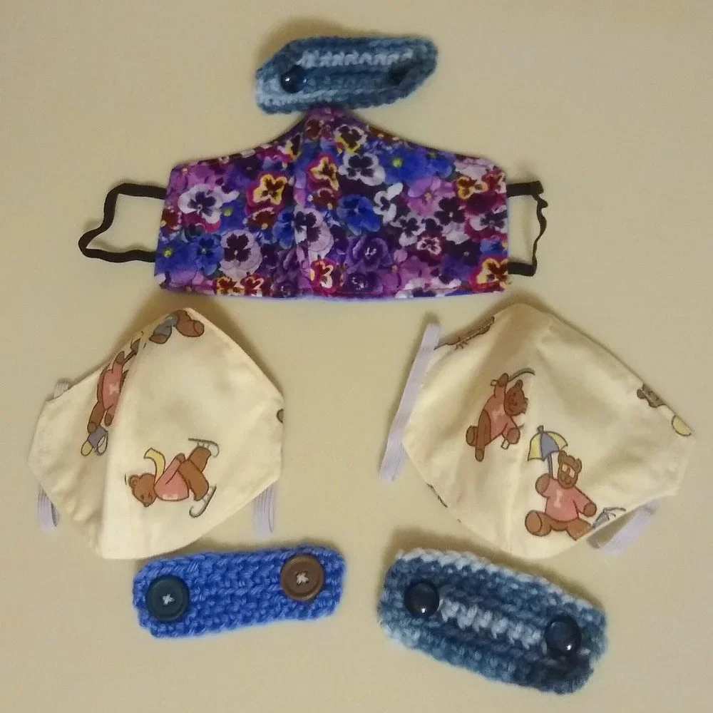 A Set of 3 Handmade Cloth Facial Masks for Children (w/ Crochet Extenders)